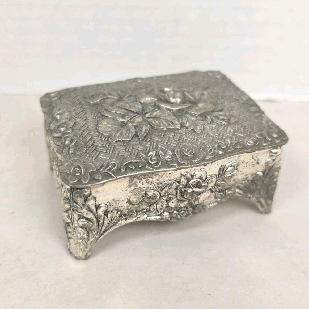 Japan Vintage Silver Metal Lidded Trinket Box Jewelry Casket Red Velvet Lined